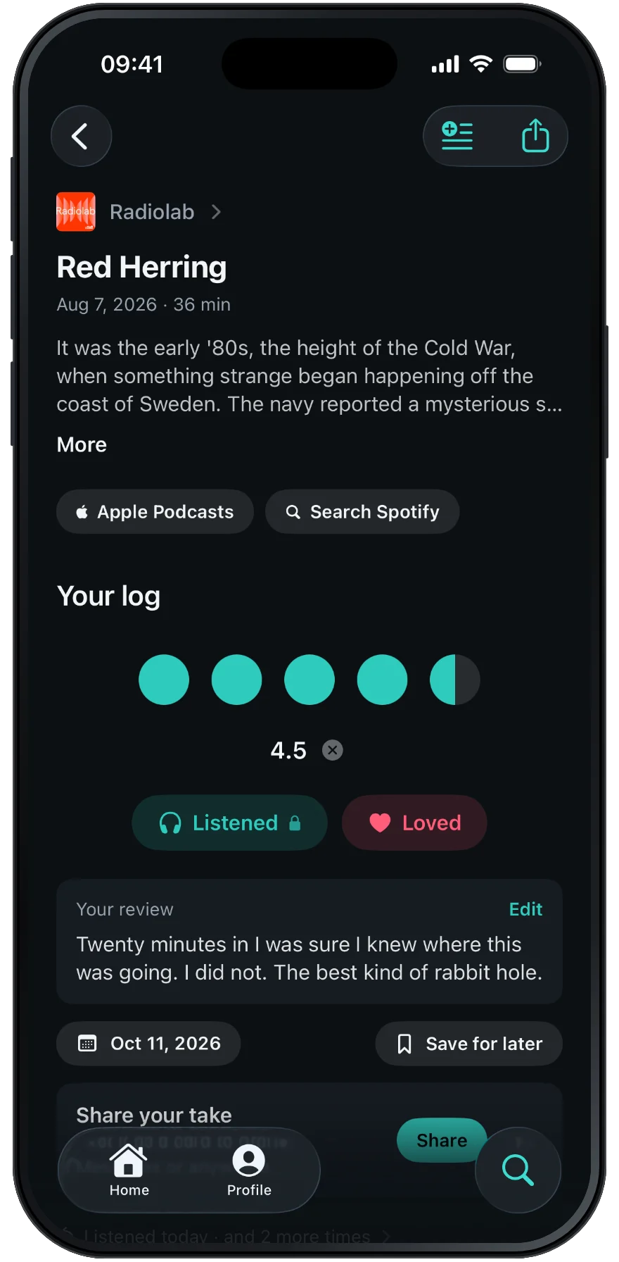 An episode page in Sonar, rated four and a half dots and loved, with a short review.
