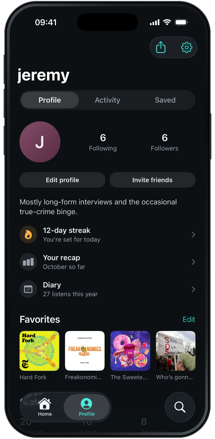 A Sonar profile: followers, a 12-day streak, a monthly recap, a diary and favorite shows.