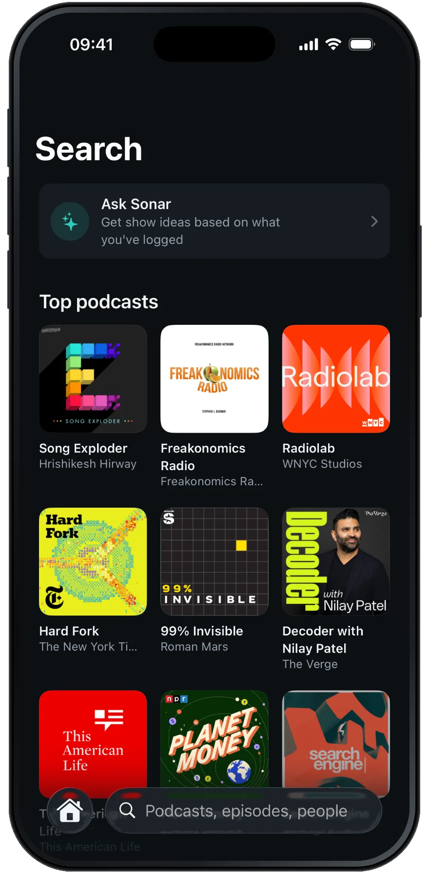 Sonar's search: a grid of top podcasts, with a search bar for podcasts, episodes and people.